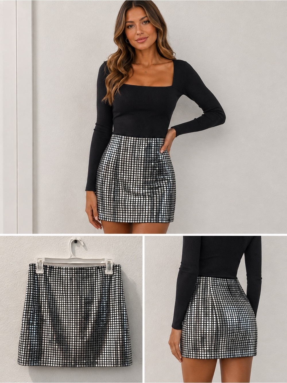 12th Tribe Black and Silver Grid Sequin Mini Skirt